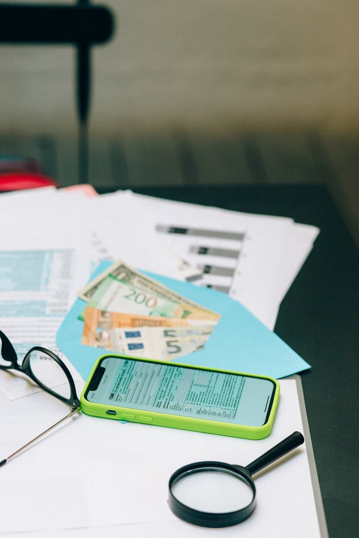 Close-up of a desk with smartphone, financial documents, euro bills, and magnifying glass.